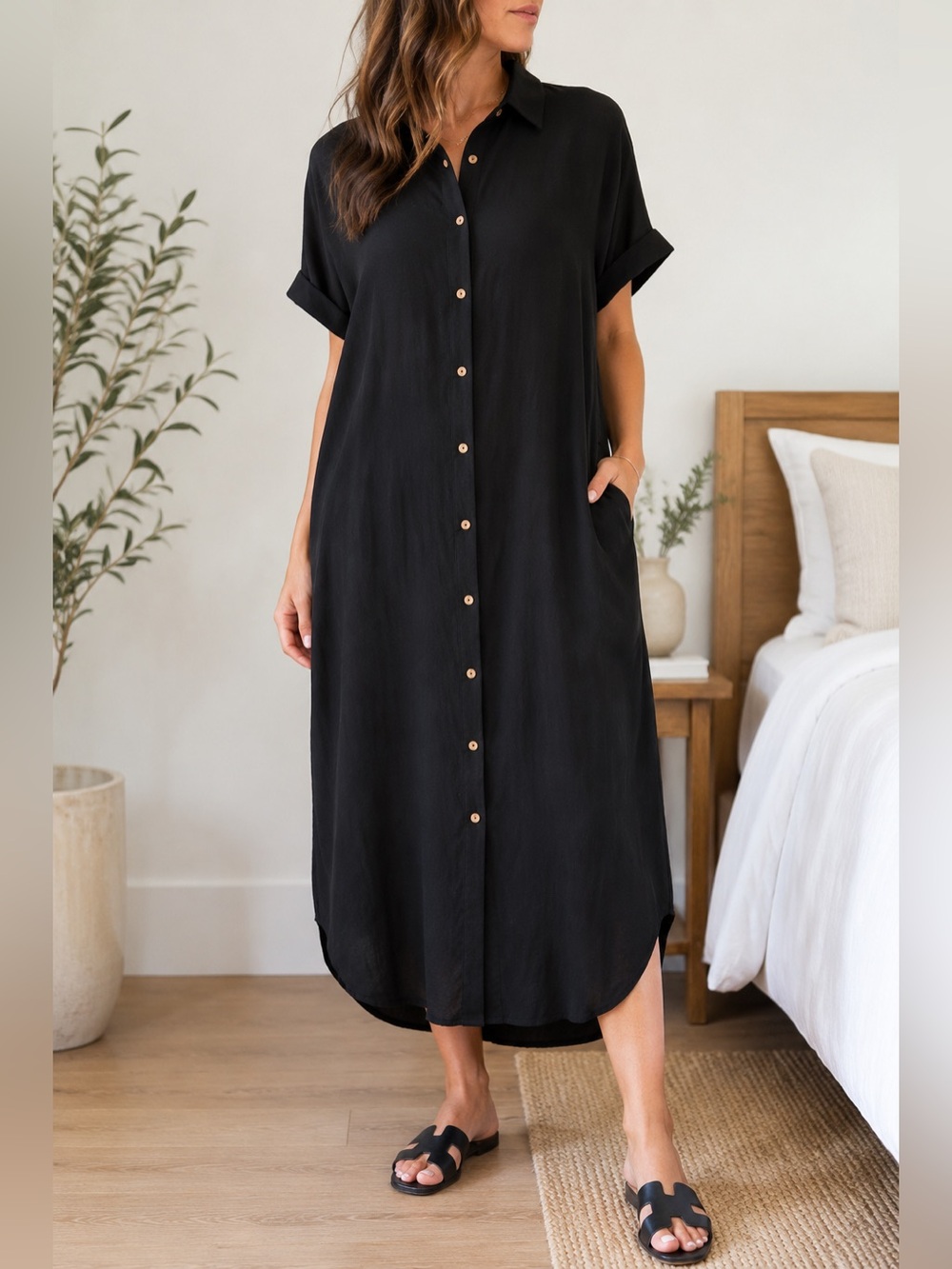 Mittoshop Black Button-Front Shirt Dress – Size M